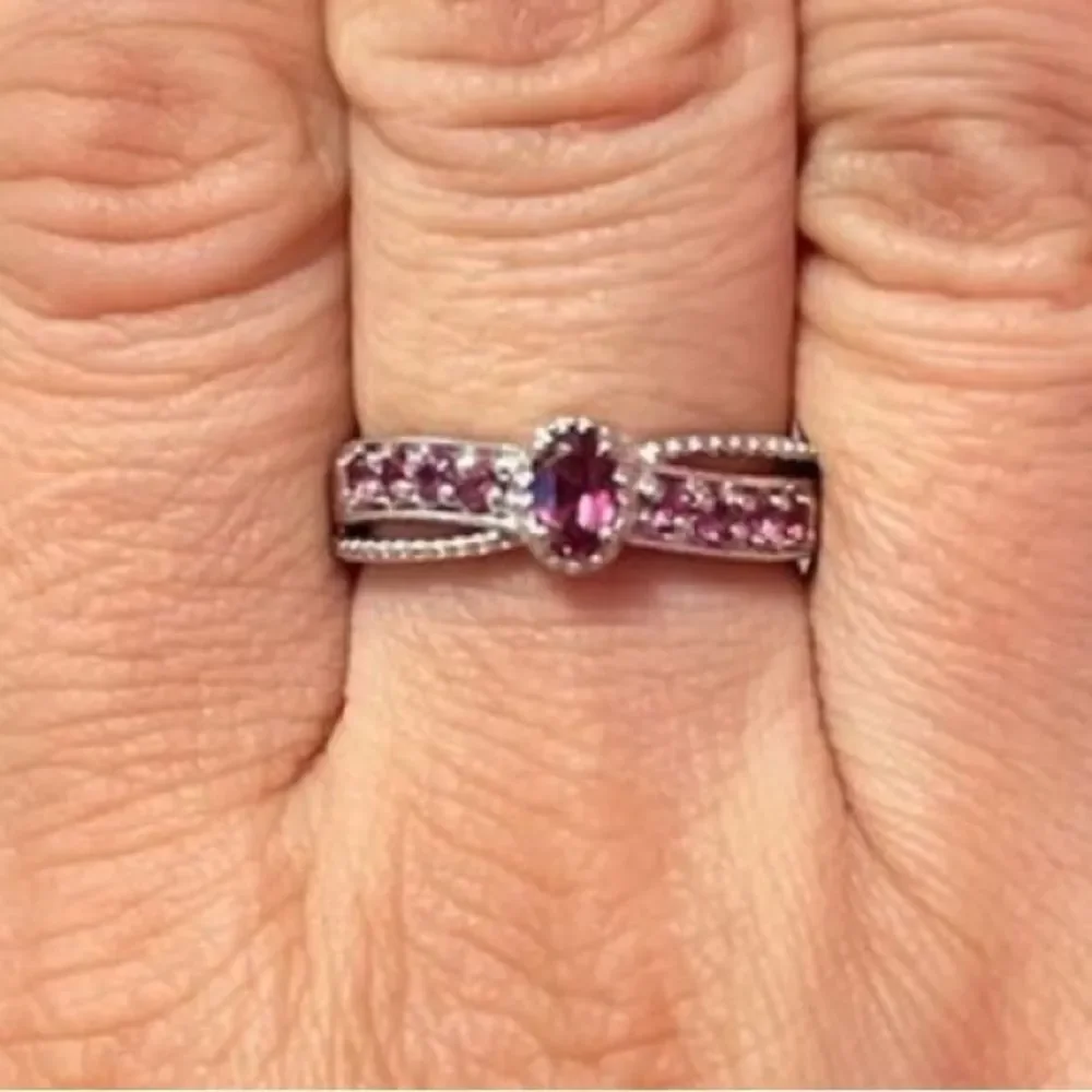 Genuine Purple Garnet  Platinum Plated Sterling Silver Ring Size 8